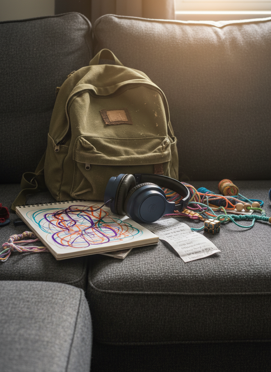 A close-up of a well-used backpack tipped over on a soft gray sofa, its contents spilling out in an honest snapshot of ADHD life: a sketchbook with vibrant marker strokes, noise-cancelling headphones, a crumpled to-do list, unfinished craft materials, and a small fidget object. Golden hour light streams through a nearby window, casting warm, uneven highlights across the fabric textures and creating soft, elongated shadows on the cushions. Photographic realism at eye level, with the composition using the rule of thirds so the scattered items feel organic rather than messy. The mood is quietly accepting and reflective, emphasizing real, lived experience rather than polished stock aesthetics.