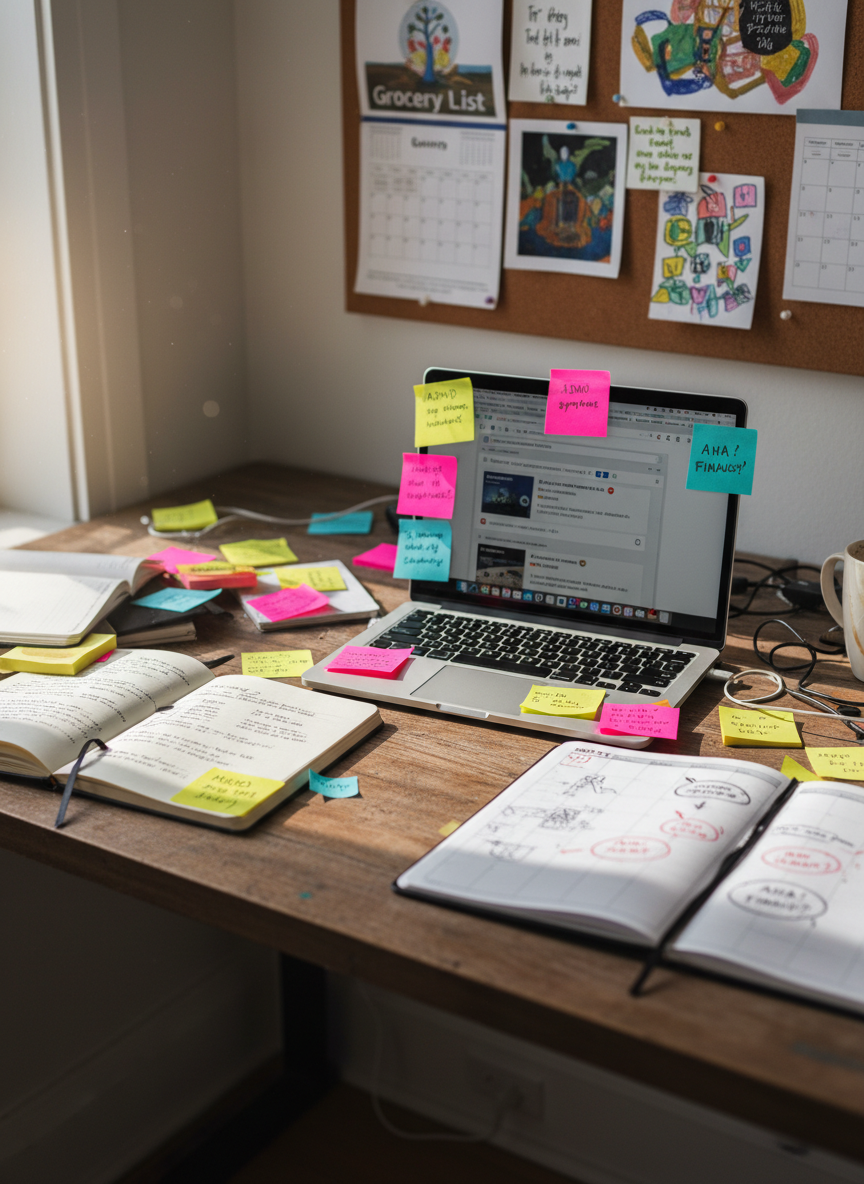 A wide wooden desk scattered with open notebooks, colorful sticky notes, a laptop showing overlapping browser tabs, and a half-finished doodle-filled planner page, symbolizing a late ADHD diagnosis finally making sense of years of chaos. Natural afternoon light from an unseen window washes over the surface, picking out the texture of worn wood and curling paper edges. In the softly blurred background, a bulletin board with a mix of pinned reminders and creative sketches suggests both overwhelm and possibility. Photographic realism, shot from a slightly elevated angle with shallow depth of field, creates an intimate, candid atmosphere that feels authentic, not staged or clinical, capturing the mix of challenge and creativity.